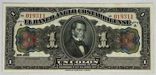 Costa Rica - Un Colon - Série A, 1917 - El Banco Anglo Costarricense
