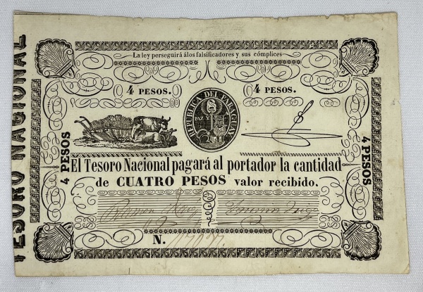 Numismática Paraguai - 4 Pesos - Emitida pela Tesoro Nacional - 1862 - Raríssima peça em ótimo estado de conservação