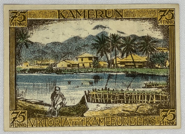 Numismática África Alemã - Peça cada vez mais rara, já centenária. Vamos apregoar individualmente várias peças provenientes de importante coleção europeia.Oportunidade para completar sua coleção!!!Camarões - 75 Pfennig
