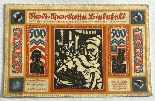 Numismática Alemanha - Notgeld em seda - 500 Marcos - Cidade de Bielefeld - Raríssima