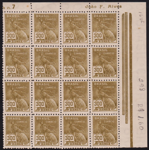 Brasil 1936 - Selo vovó no valor de 300 réis em bloco de 16 selos sem carimbo com goma! Catálogo RHM 302.