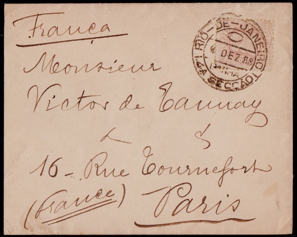 Brasil 1888 - Envelope circulado do Rio de Janeiro e Paris com selo 200 réis Cabeça Grande da Casa da Moeda. Carimbo de saída do Rio em 4.dez.88. Verso com carimbo de recepção não aparente!