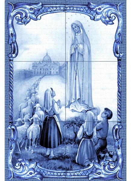 Belíssimo painel mosaico em azulejo nossa senhora de Fátima de ceramica em tons de azul, medindo todo o painel 45 x 30 cm.