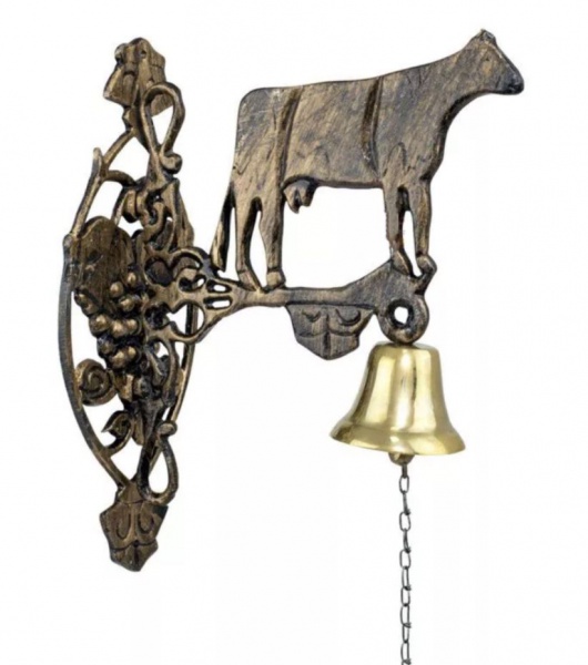 Belissimo sino de bronze e ferro fundido todo trabalhado em relevo, com suporte, medindo 20 cm,