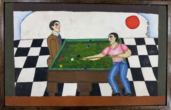 MIRIAN -  JOGO DE SINUCA . Óleo sobre madeira. Assinado no canto superior direito e datado em 1988. Medidas: 41 x 26 cm.