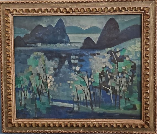 MANABU MABE - Paisagem Iconográfica do Rio de Janeiro. Óleo sobre tela. Assinado no canto inferior e no verso. Medidas: 60  x  72  cm. ( carimbo 4  do salão municipal de belas artes )