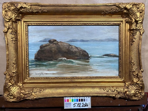Benedicto Calixto - Pedra da Feiticeira - Óleo sobre Madeira. Med. 23,5x41,0cm. Marinha. Assinado no
