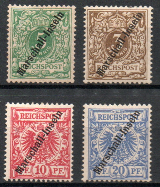 Ilhas Marschal - Colônia Alemã - Selos Michel nº 1/4  ano de 1897 . Novos, com goma, marca de charneira e levíssimos pontos de óxido. Valor de catálogo: 5.300 Euros