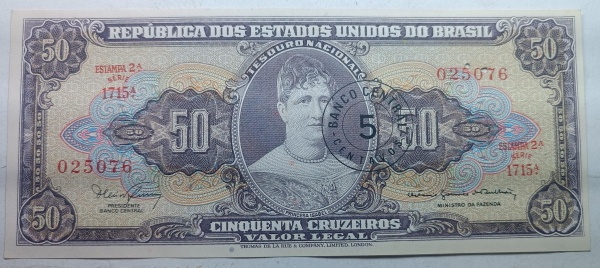 Lote 195 CEDULA BRASIL 50 CRUZEIROS COM CARIMBO DE 5 CENTAVOS. PRINCESA ISABEL. Valor inicial: R$ 55