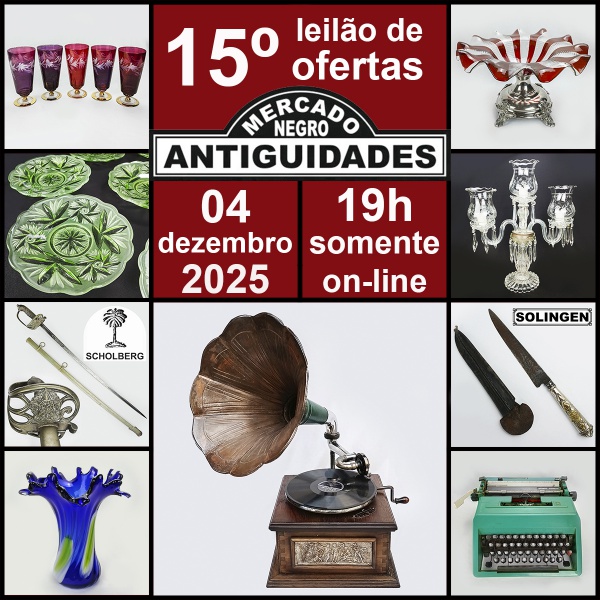 Convite - Leilão somente on-line no dia 04/dezembro/25 (quinta-feira) às 19h | Pagamentos somente à vista. Acrescido da taxa do leiloeiro de 5%. Pagamento: por PIX ou transferência; o frete NÃO está incluído no seu lance; o valor do frete será informado por e-mail, após o pagamento dos seus lotes. As embalagens são feitas com cuidado por profissionais especializados e é cobrado R$ 5,00 por embalagem (quando despachadas pelo Correio). Para informações complementares, ler as abas Termos e Condições e Informações Importantes.