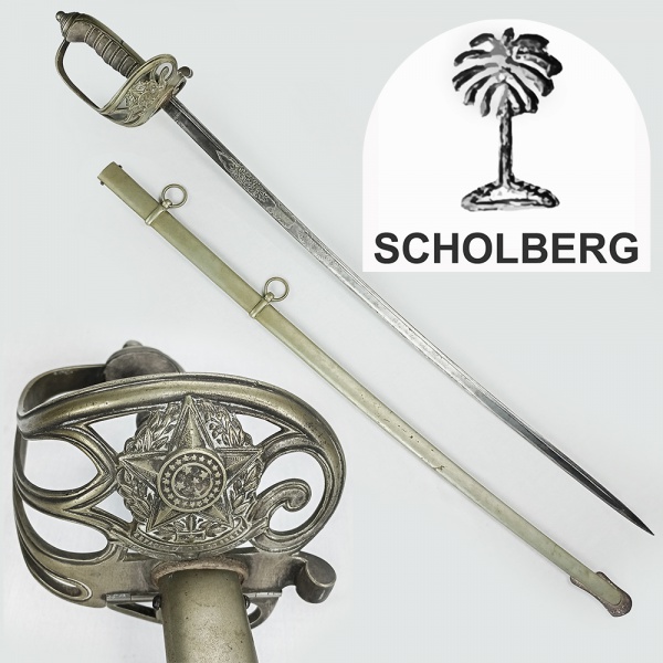 SCHOLBERG espada antiga bem conservada, com lâmina cinzelada com brasões da República. Transição entre 2º Império e República. Lâmina de aço carbono | 90cm total e lâmina 73cm