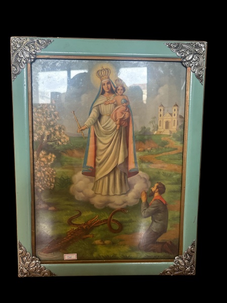 Antigo quadro em madeira, com detalhes prateados e douração, Nossa Senhora da Penha de M. Martelli 46x38cm