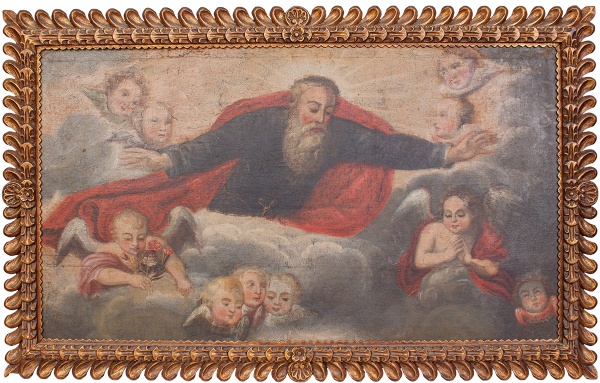 ESCOLA CUSQUENHA. (SÉCULO. XVIII/XIX). "Pai Eterno com Anjos". Óleo S/tela. 64 x 112cm. Mold