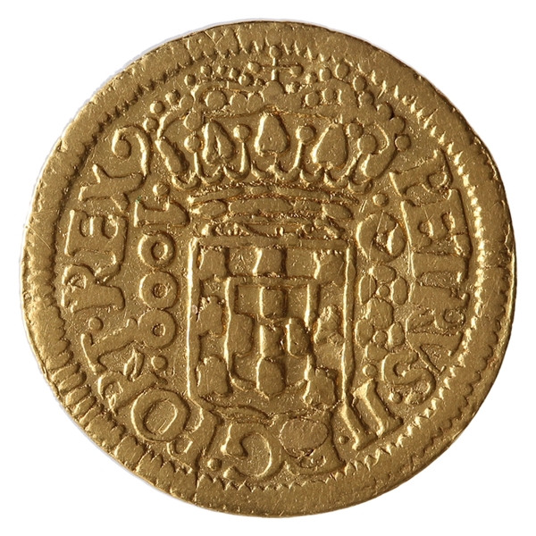 Brasil, 1000 Réis, 1699. Ouro. AI O027 (variante não listada); Guimaraes-1699-1a. BC/MBC. Furo tapado. Variante `PORT.REX?`, não listada no Amato Irlei. Rara