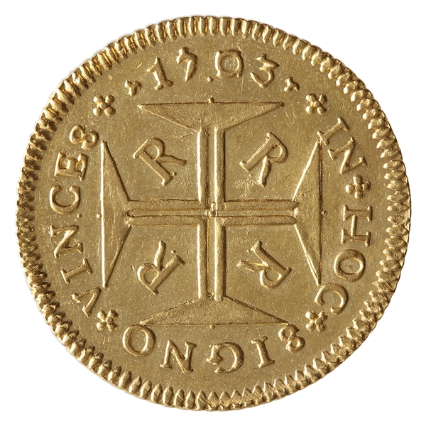 Brasil, 4000 Réis, 1703 RRRR. Ouro. AI O034. FC. Primeira data da Casa da Moeda do Rio de Janeiro no