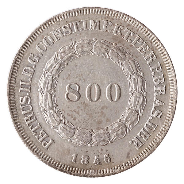 Brasil, 800 Réis, 1846. Prata. AI P551. Sob. Leve limpeza. MUITO RARA. Última data da série com apenas 672 peças cunhadas