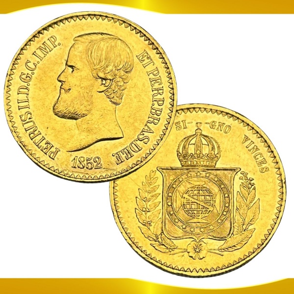 Moeda do Brasil - 20.000 Réis 1852 - OURO (.917) - 17.92g - 30mm - Cat. O-636 - Dom Pedro II - Data