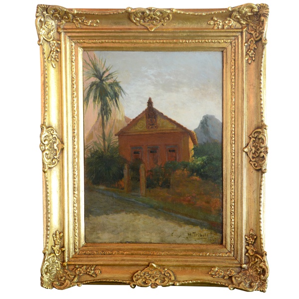 HENRI TRIBOLET (Rio de Janeiro, 1862 - 1914)  Casario com Gavea ao Fundo. Óleo s/ tela. Ass. cid. D