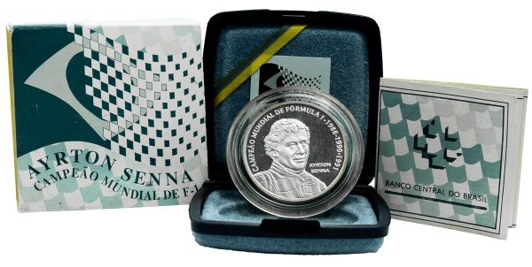 Moeda do Brasil - 2 Reais - Ayrton Senna - 1995 - Prata (.925) • 27 gr • 40mm - No estojo com certificado original - Cat. AI P731