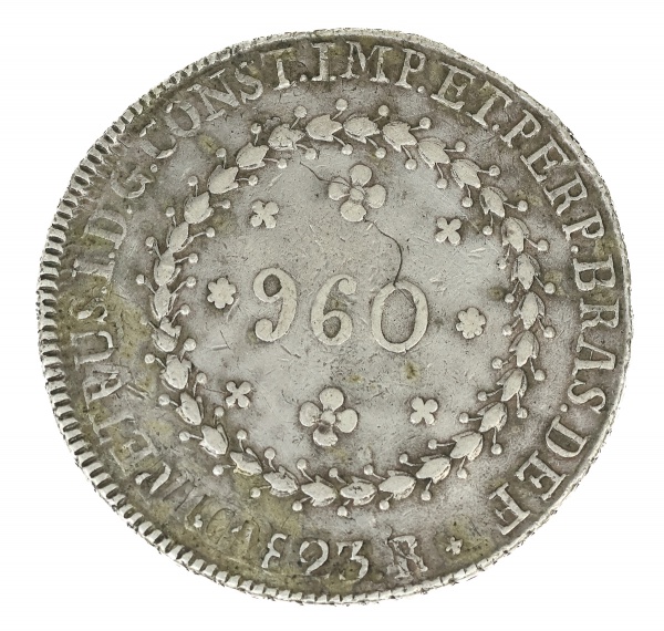 Moeda do Brasil - 960 Réis - 1823 R - Rio - Recunho 8 Reales - Potosi P.J.  - Prata - Império - Cat. AI P504
