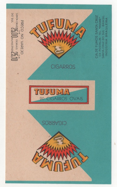 ANTIGA EMBALAGEM DOS CIGARROS " TUFUMA " PEÇA COM PREÇO IMPRESSO ( 2. PI ) REF.: Cr$ 25,00 - Cr$ 25,10 / CIA. DE FUMOS SANTA CRUZ ( RS ) INDÚSTRIA BRASILEIRA / PEÇA EM ESTADO DE NOVA MINT.