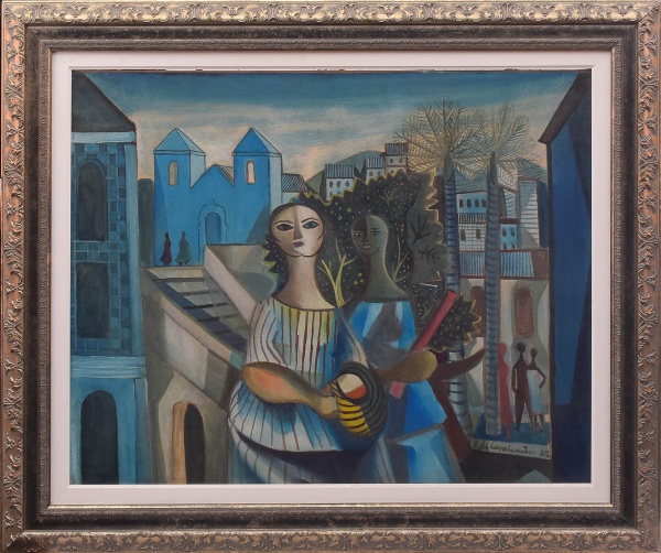 DI CAVALCANTI, Emiliano - Figuras (Fase azul). Óleo sobre tela. Assinado e datado 1962 no canto infe