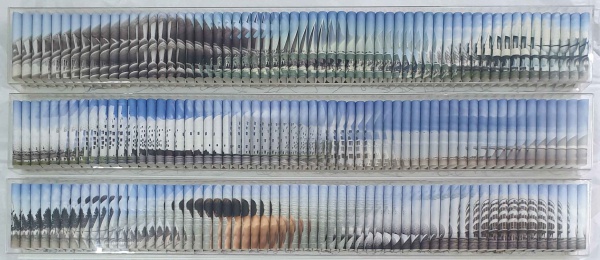 Lucas Simões | A Verdade é uma colagem contínua - Tríptico | Fotografias costuradas em madeira e tecido | 8x150x7cm em caixa de acrílico - cada | 2012 | Com certificado da Glaeria Emma Thomas