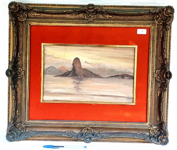 Belíssimo quadro, pintura óleo sobre madeira, representando o Pão de Açúcar visto da Baía de Guanabara, emoldurado, medidas 54x45cm