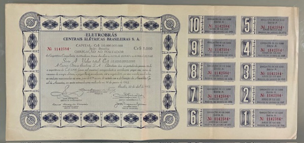 Eletrobrás Letra A Ano 1965 Ao Portador Com 10 Cupons Furo de Grampo 2 Pequenos Cortes na Margem Inf
