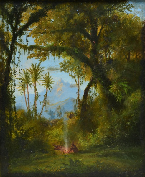 Joias . Anônimo - Pintor viajante do século XIX, "Clareira com índios com o Maciço ...