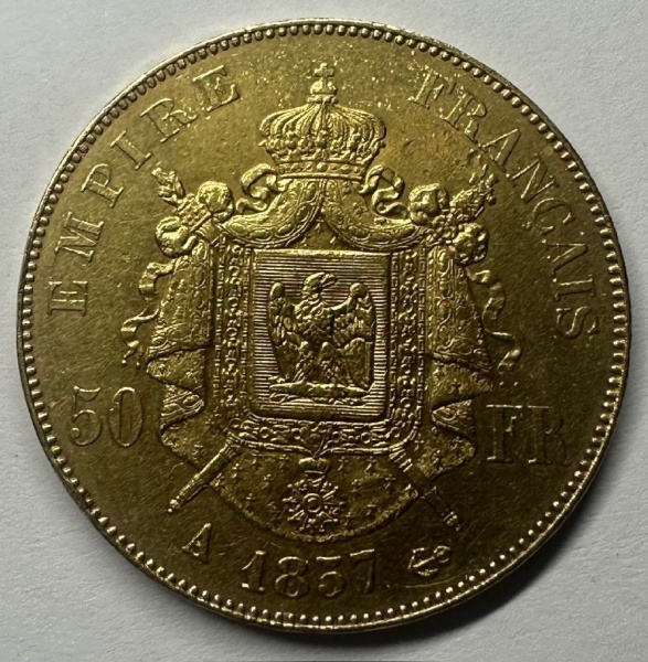 Joias . Moeda de ouro francesa / 50 Francos - 1857 / 16,1g.