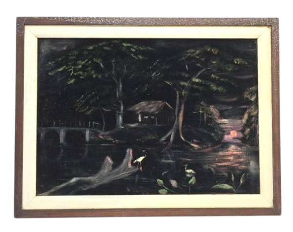 Antigo pintura emoldurada em veludo, pintura com cena noturna,  representando uma paisagem com uma pequena cabana à beira de um rio lago, com ambiente escuro, com reflexo da lua, sem autoria; Medindo 40 x 52 cm