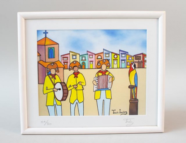Joias . THAÍS IBAEZ- Gravura Giclée, representando cena figurativa com músicos e ...