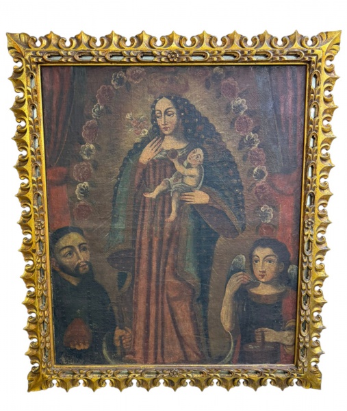 Arte . Escola Cusquenha, óleo sobre tela representando Virgem com o Menino em ...