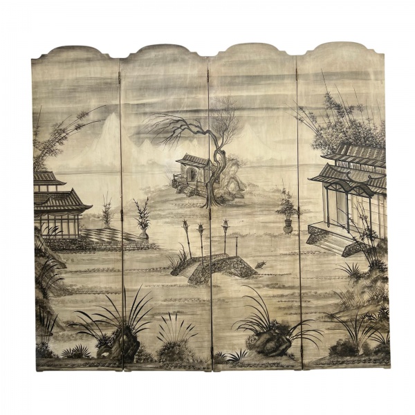 Arte . Biombo em madeira, com pintura em tons sépia representando paisagem oriental ...