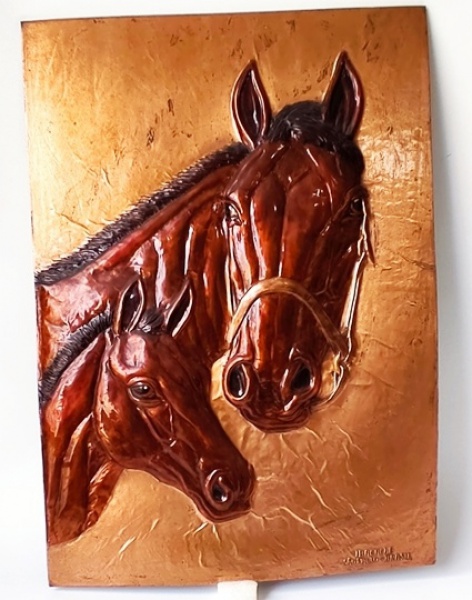 Arte . 132 - CAVALOS PIROGRAFIA 33 X 23 CM MOLDURA 32 X 42 CM foto 1