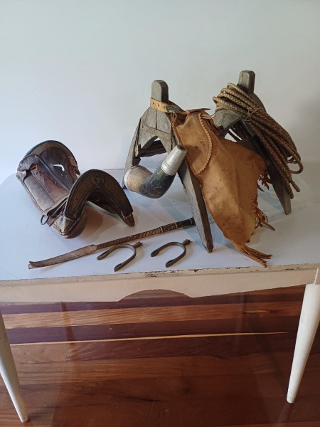Colecionismo - Militarismo -Lote com peças equestre, inclui uma sela usada na guerra do Paraguai, Sendo: antiga sela com acabamentos em prata, no estado, laços , esporas, chicotes, suporte para sela , em madeira.  Obs.: Retirada em Santa Teresa, mediante agendamento.
