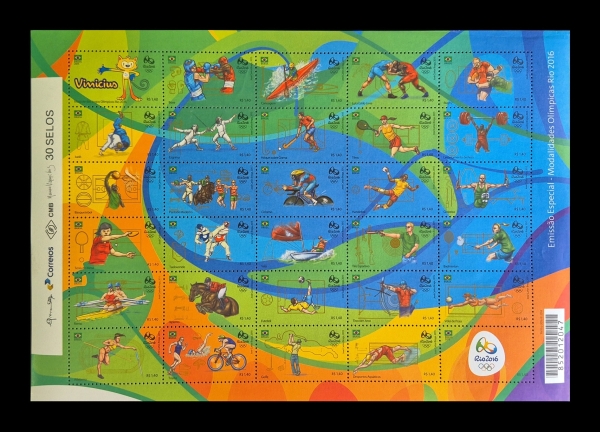 Bloco com 30 selos, Brasil, tema Jogos Olímpicos Rio 2016, modalidade esportiva, novo, sem carimbo.