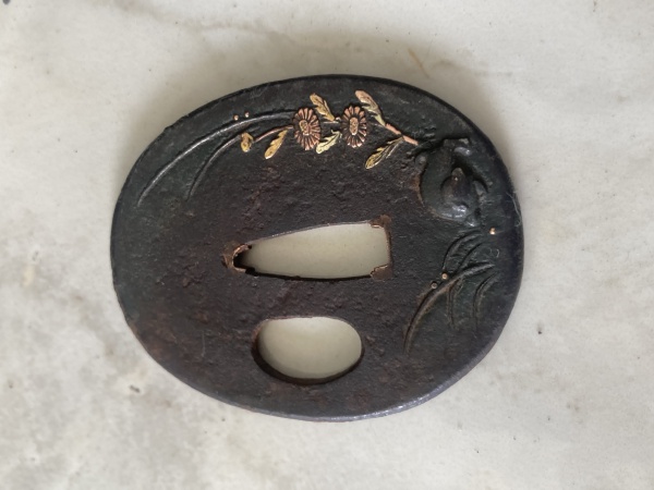 Joias . Militaria - Rara Tsuba Japonesa Antiga em Ferro  Incrustações em Ouro e ...
