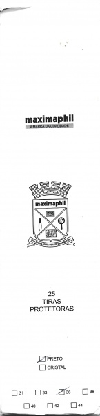 TIRAS PROTETORAS PARA SELOS - MAXIMAPHIL -  largura 36 mm -  Pacote com 25 tiras de 210 mm de comprimento, fundo preto.