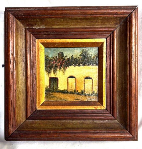 Quadro pintura oleo sobre tela representando antigo casario, assinado J. Salethe, emoldurado, medidas totais 26x6cm, meados do século XX.
