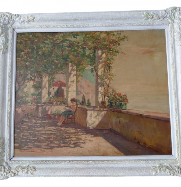 Arte . Ângelo CANNONE - Óleo sob tela - Mulher sentada em um terraço com vista para o ...