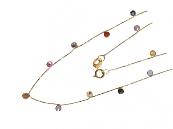 COLAR CHOKER "COLOR DROPS" EM OURO AMARELO 18K, COM PEDRAS MULTICOLORIDAS  1,95g  40,0cm. Acompanha garantia emitida por joalheiro independente.