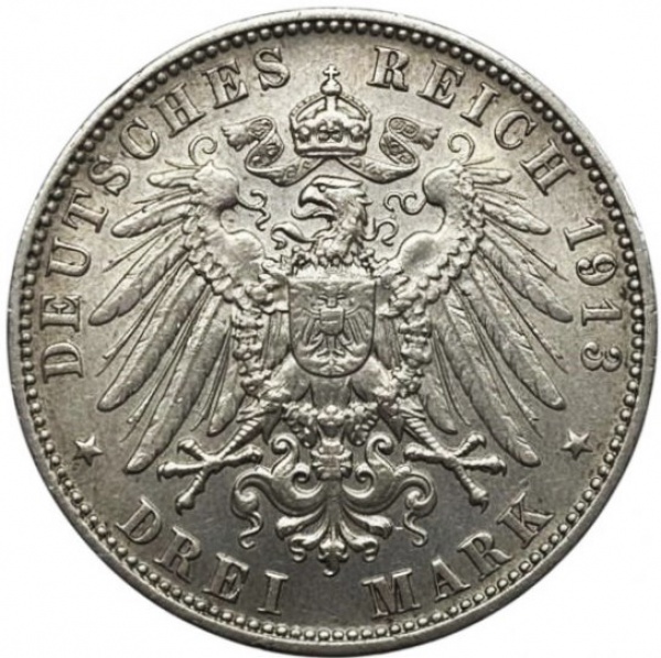 Moeda 3 Marcos de 1913-E, emitida pelo Reino da Saxônia (Alemanha), graduada pela PCGS AU Detail. El