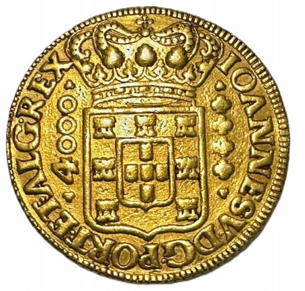MOEDA DE OURO BRASIL 1725-M 4000 RÉIS D. JOÃO V VILA RICA. Moeda do Brasil, 4000 Réis, 1725-M (Casa