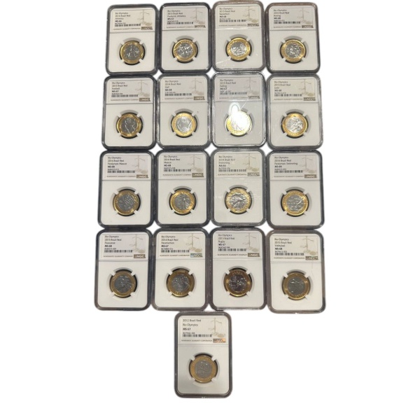 MOEDA DO BRASIL - SÉRIE COM TODAS AS MOEDAS DA OLÍMPIADAS DO RIO 2016 GRADUADAS- FLOR DE CUNHO- !!!!todas modalidades e mascotes da OLIMPIADAS RIO 2016 E a BANDEIRA de brinde!!!- NATAÇÃO MS66(2 MAIOR GRADUAÇÃO), ATLETISMO MS66, PARATRIATLO MS67 (SEGUNDA MAIOR GRADUAÇÃO), GOLFE MS68(TOP POP MAIOR GRADUAÇÃO DESTA MOEDA NA NGC) , BASQUETE MS68(TOP POP MAIOR GRADUAÇÃO DESTA MOEDA NA NGC) ,IATISMO/VELA MS 67 (2 MAIOR GRADUAÇÃO DESTA MOEDA NA NGC), PARACANOAGEM MS67((2 MAIOR GRADUAÇÃO DESTA MOEDA NA NGC)), RÚGBI MS 67 (2 MAIOR GRADUAÇÃO DESTA MOEDA NA NGC) , FUTEBOL MS67 (2 MAIOR GRADUAÇÃO) , VÔLEI MS 68(2 MAIOR GRADUAÇÃO DESTA MOEDA NA NGC, ATLETISMO PARALÍMPICO MS 67 (2 MAIOR GRADUAÇÃO DESTA MOEDA NA NGC) , JUDÔ MS68 (TOP POP MAIOR GRADUAÇÃO DESTA MOEDA NA NGC), BOXE MS68 (TOP POP MAIOR GRADUAÇÃO DESTA MOEDA NA NGC), NATAÇÃO PARALÍMPICA MS68(TOP POP MAIOR GRADUAÇÃO DESTA MOEDA NA NGC) , mascotes TOM MS68 (TOP POP MAIOR GRADUAÇÃO DESTA MOEDA NA NGC) e VINÍCIUS MS68(TOP POP MAIOR GRADUAÇÃO DESTA MOEDA NA NGC).TOTAL DE 16 MOEDAS GRADUADAS SENDO 7 DESTAS TOP POP E 1 UMA BANDEIRA GRADUADA MS67 VAI DE BRINDE!!!!!! LANCE LIVRE
