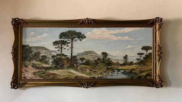 Arte . Óleo sobre tela de Ladislau Nahlovsky, representando paisagem campestre com ...