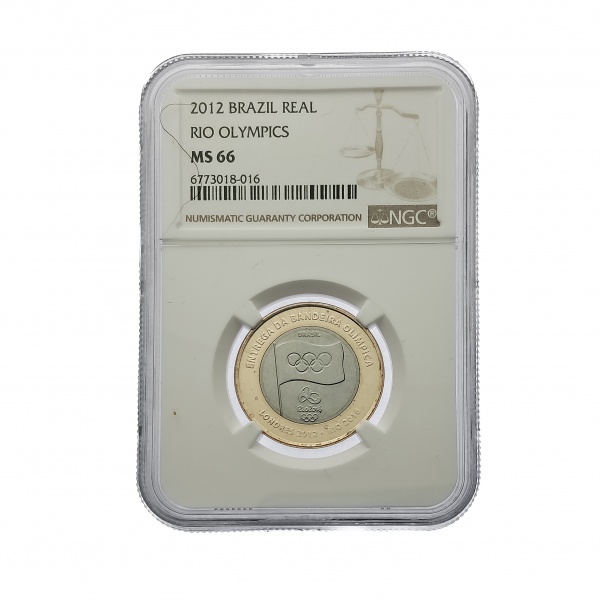 Moeda do Brasil - 1 Real - Aço - Inox - Olimpiadas Comemorativa Bandeira Certificada NGG MS66 - 2012 - Republica - Catálogo V600 - FC