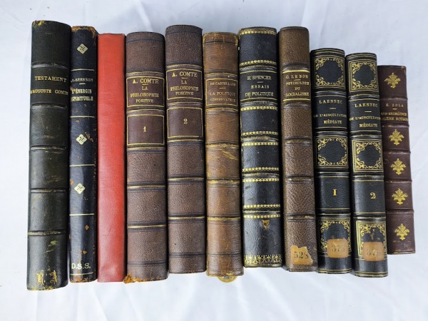 Lote de 11 livros ricamente encadernados, entre eles obras de A. Comte, Laennec, E Zola e outros