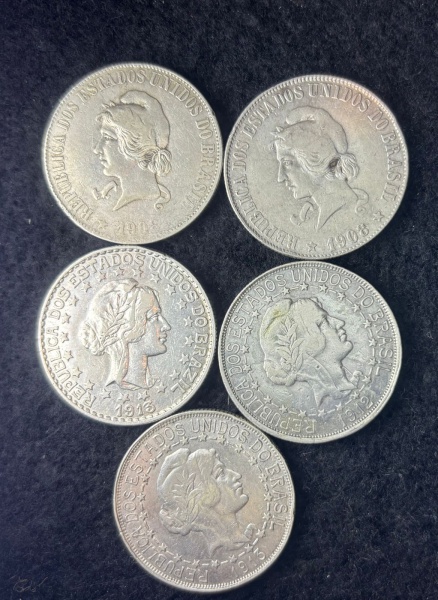Joias . Moedas do Brasil - 100 gramas de Prata 900 - lote com 5 moedas de 2.000 Réis de ...